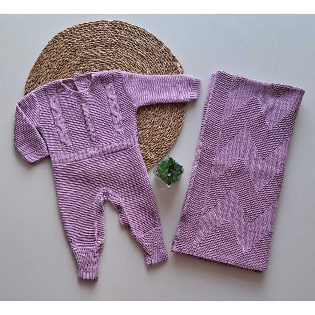 Kit Macacão Trança + Manta Cobertor Saída Maternidade Bebê Recém Nascido  Menino Menina Tricot Tricô