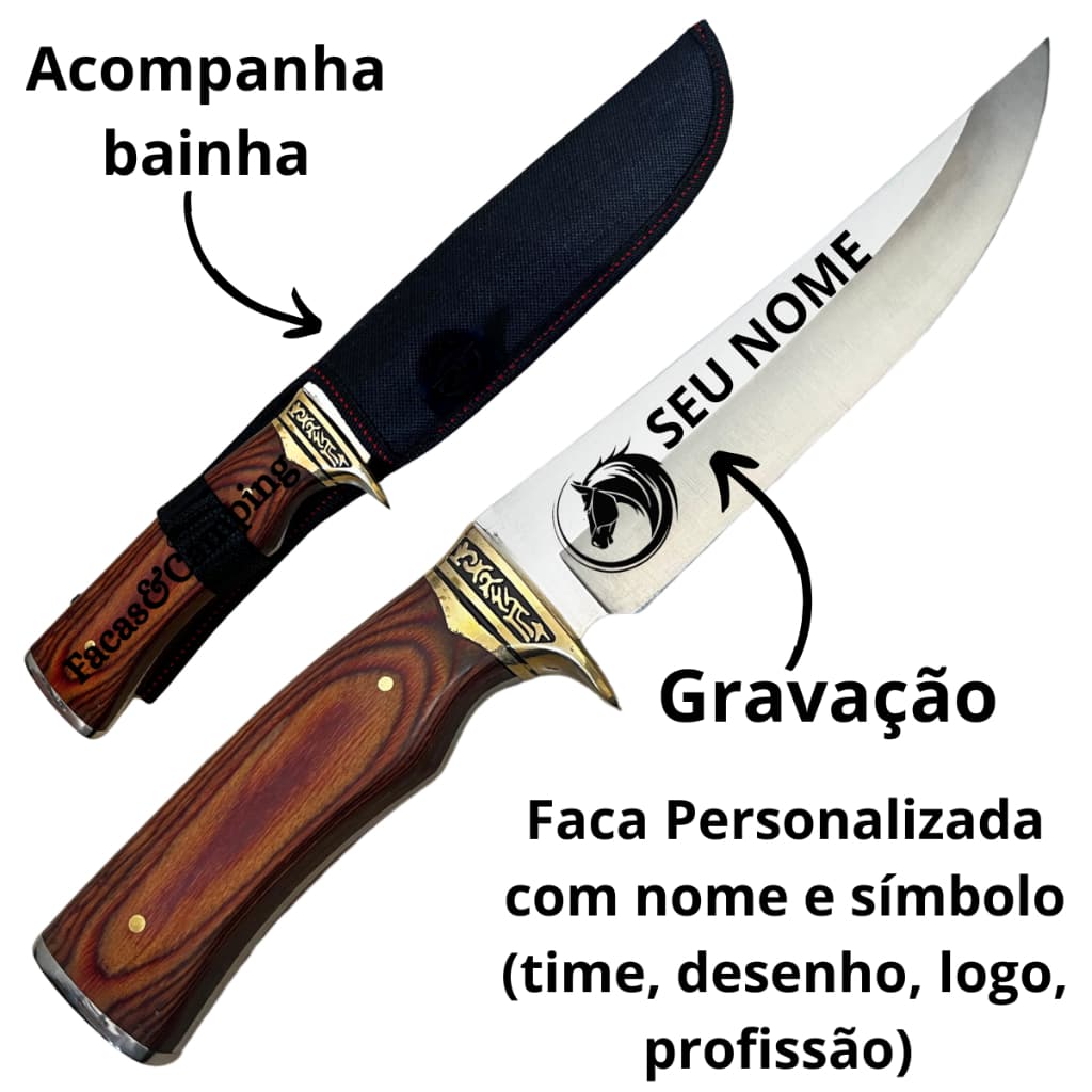 Faca Gravada Personalizada Churrasco Luxo Afiada Cabo Madeira Com Bainha
