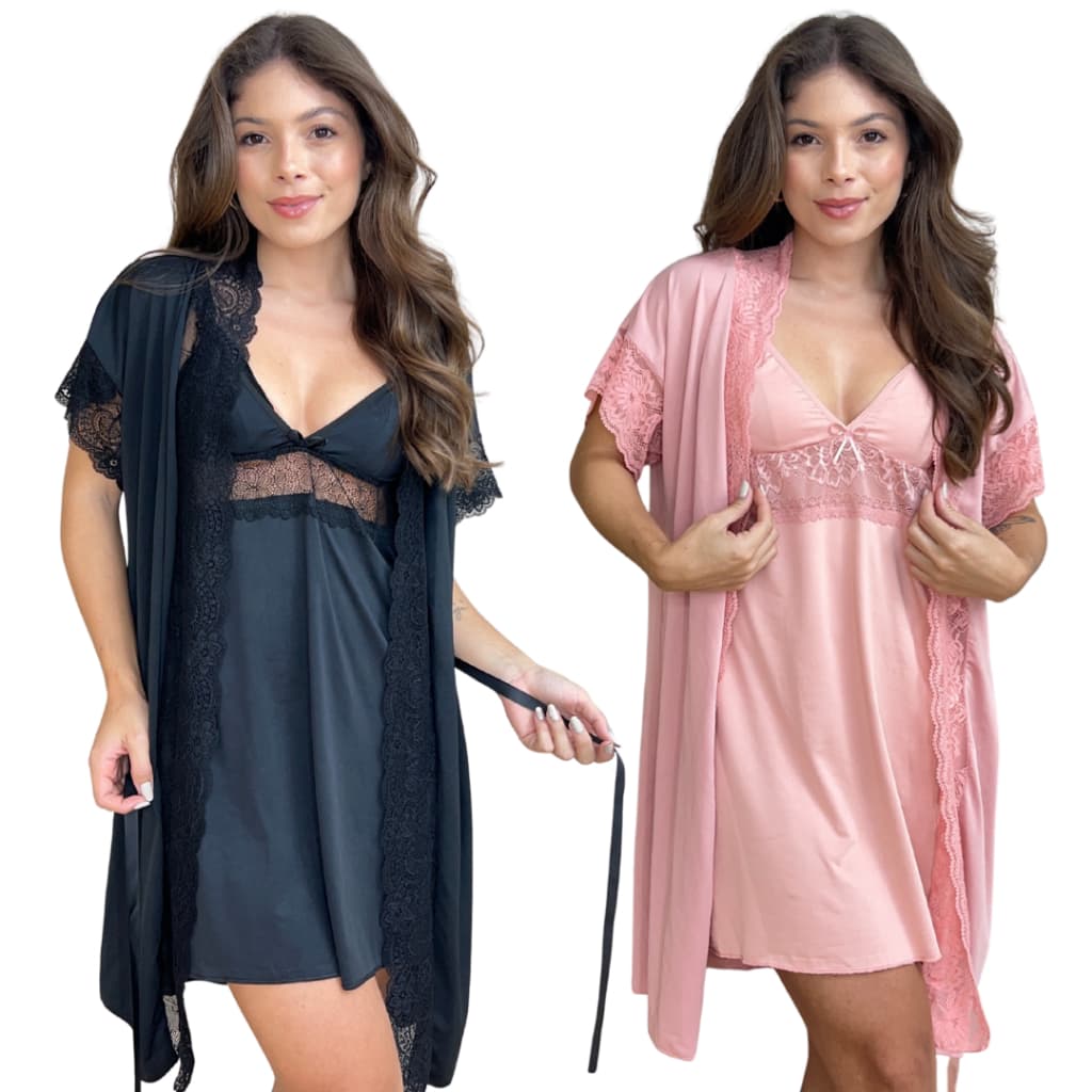 Kit 2 Camisola Amamentação e 2 Robe Pós Parto Saída Maternidade Pijama Confortável Gestante