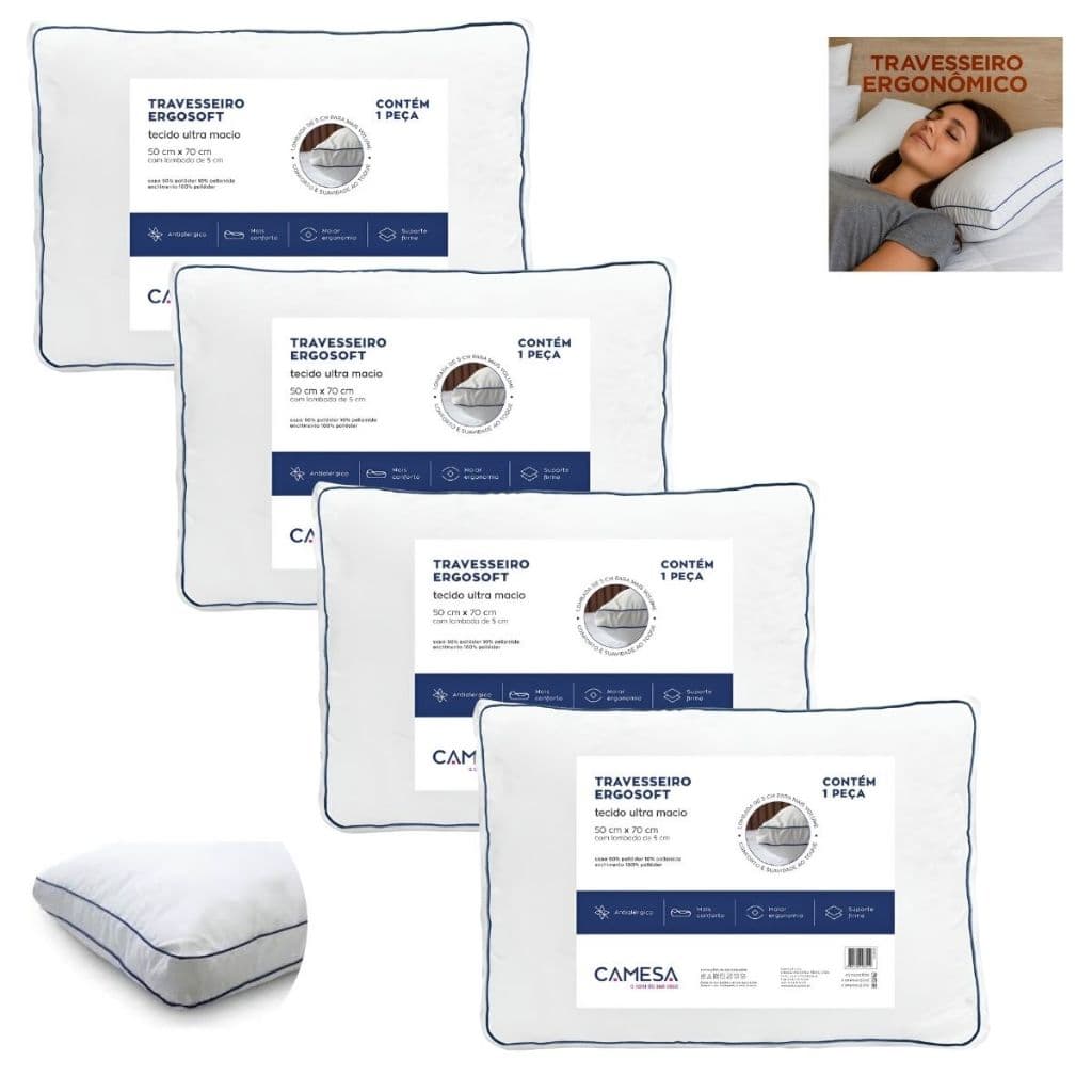 Kit Travesseiros Camesa Ergosoft Hotel kit 4,3,2 e 1 Ultra Macio 50x70  Hipoalergênico Lombada 5 cm