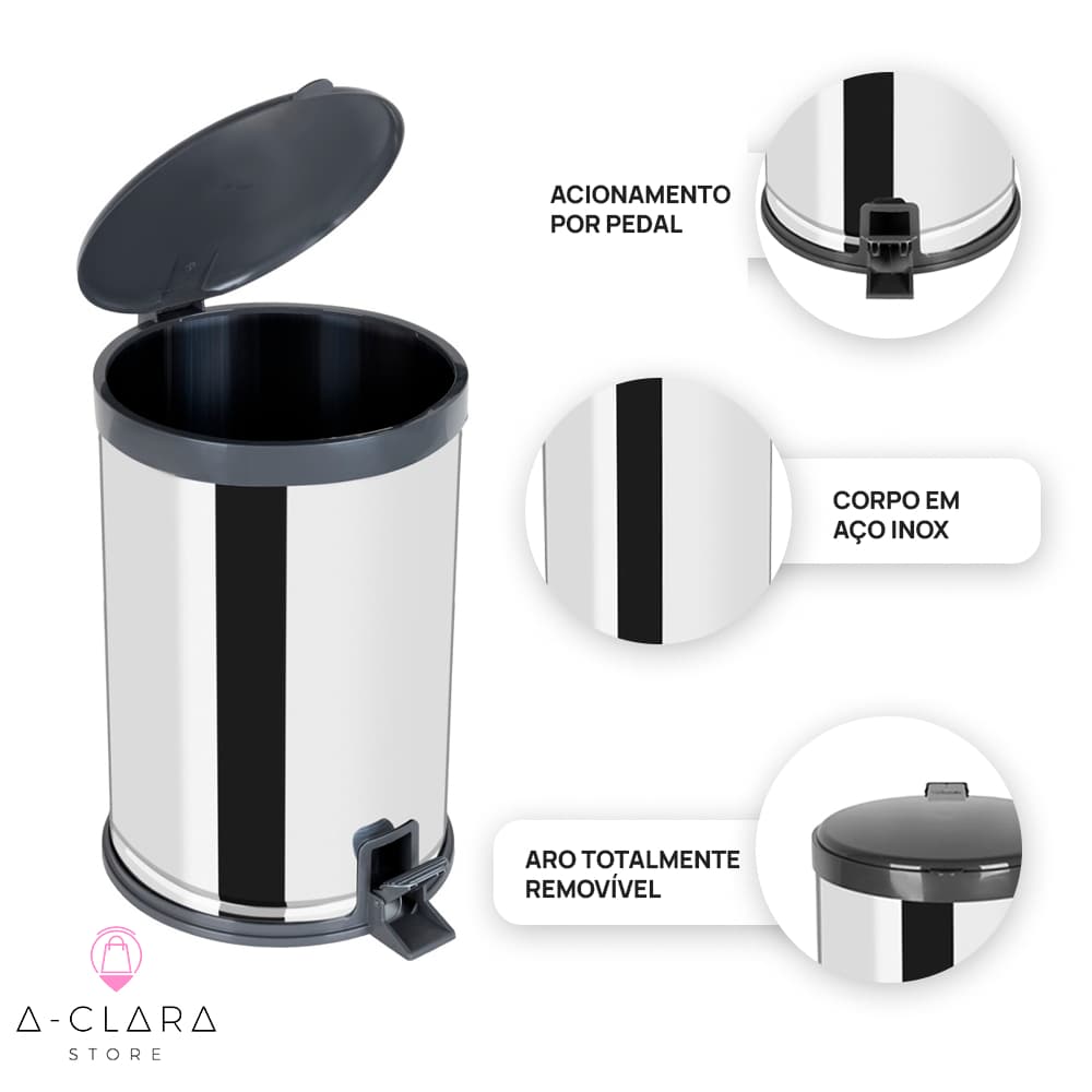 Lixeira Inox 15 Litros com pedal e Tampa Banheiro Cozinha cesto de lixo 15L