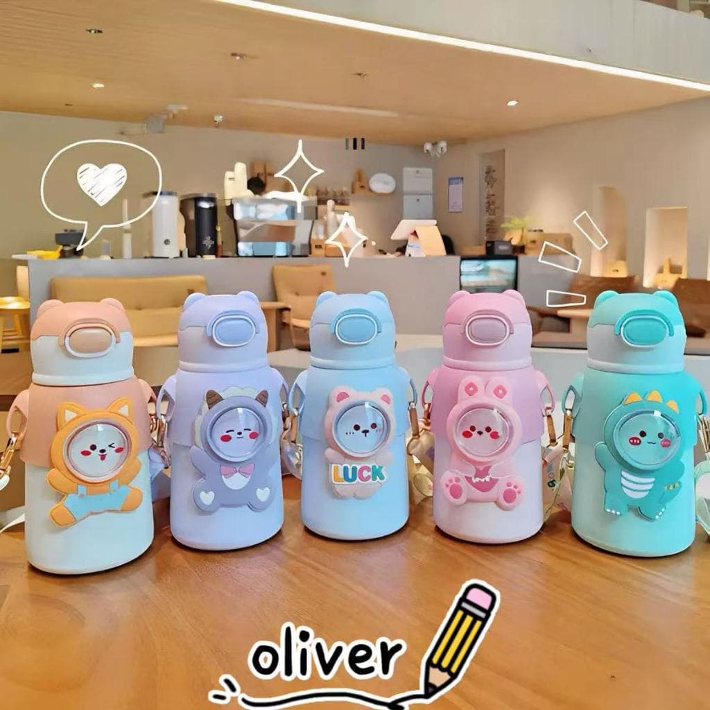 Garrafa térmica infantil com canudo e alça em aço inox para crianças--1330