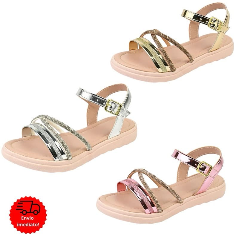 Sandália Infantil Menina Laço Gliter Brilho Strass Tratorada Feminina Delicada Leve