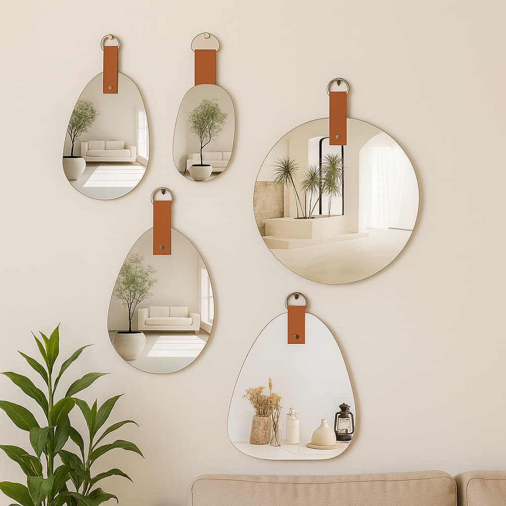 Espelho Decorativo de Parede com Alça de Couro, Circular, Orgânico, Com Alça Modernos