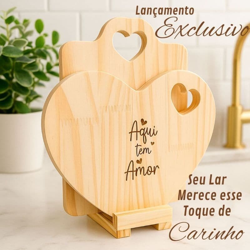 Kit 2 Tábuas de Madeira Coração com Suporte | Gravação a Laser – Presente Criativo Mesa Posta