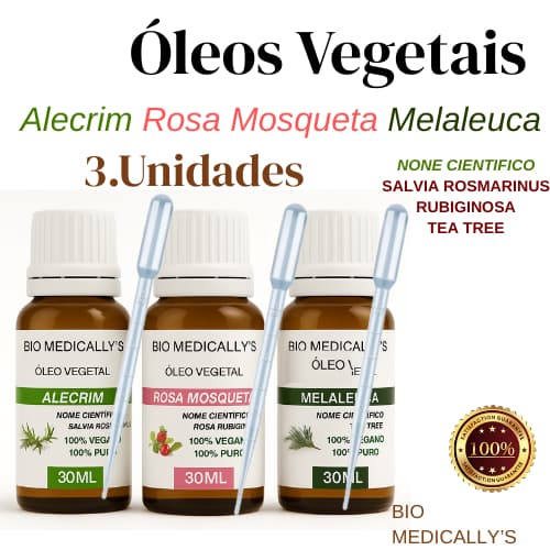 Kit Óleos Vegetais Alecrim + Rosa Mosqueta + Melaleuca 3X30ml + Pipeta Dosadora (6PEÇAS)