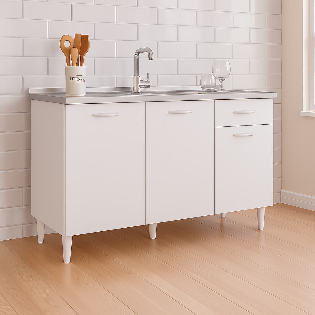 Balcão de Cozinha 120cm sem Pia  3 Portas 1 Gaveta 100%   Compacta Branco Resistente e Funcional