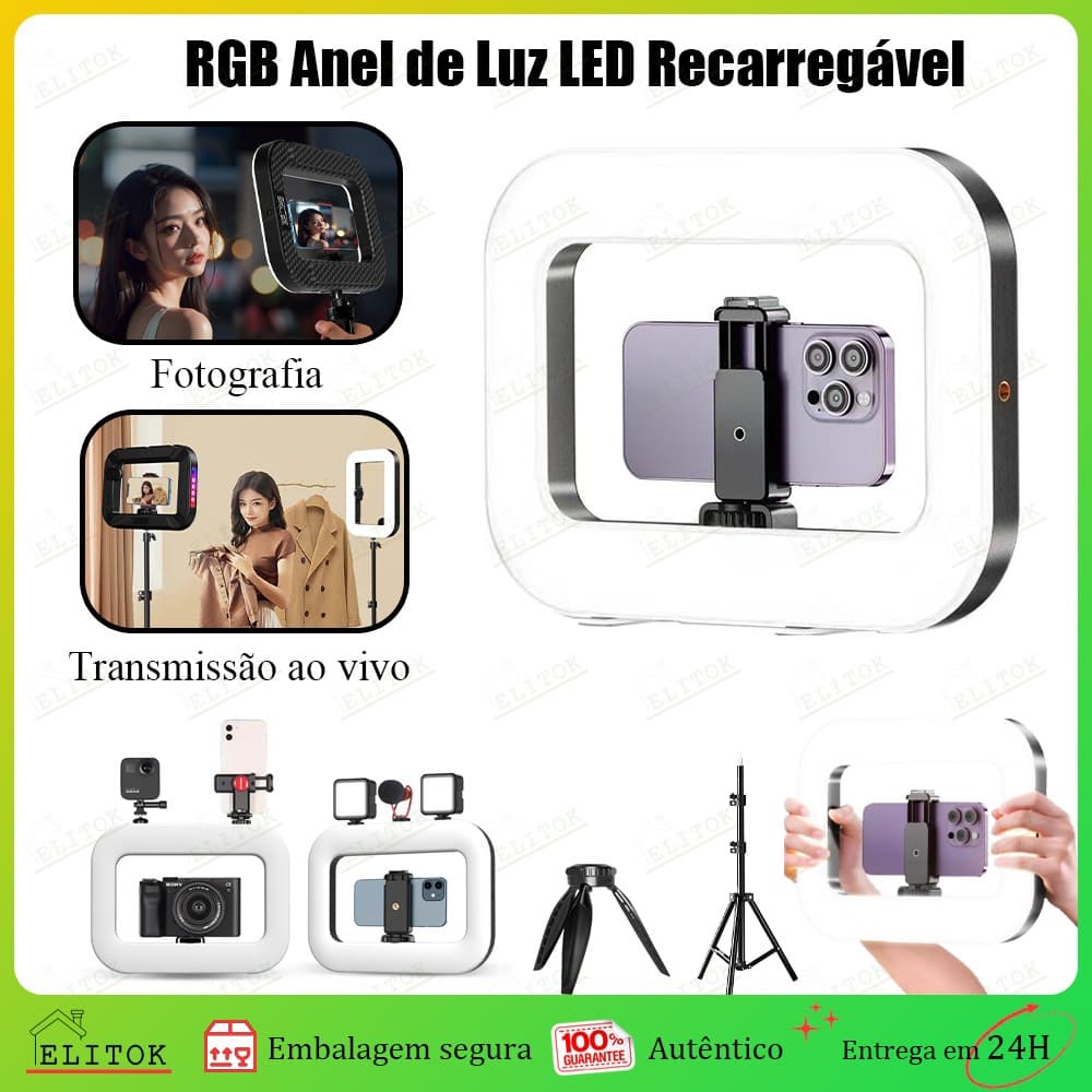 Ring Light RGB LED Recarregável 3 Cores 12 Níveis Tripé Ajustável Controle Bluetooth Para Lives Fotografia