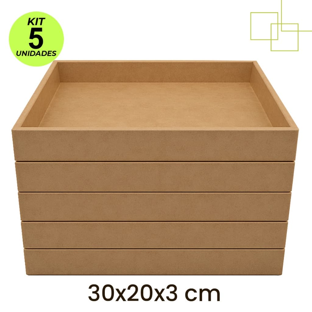 Kit 5 Bandejas em MDF Retangular Pegador Organizadora Decoração Multifuncional Moderna 30x20x3