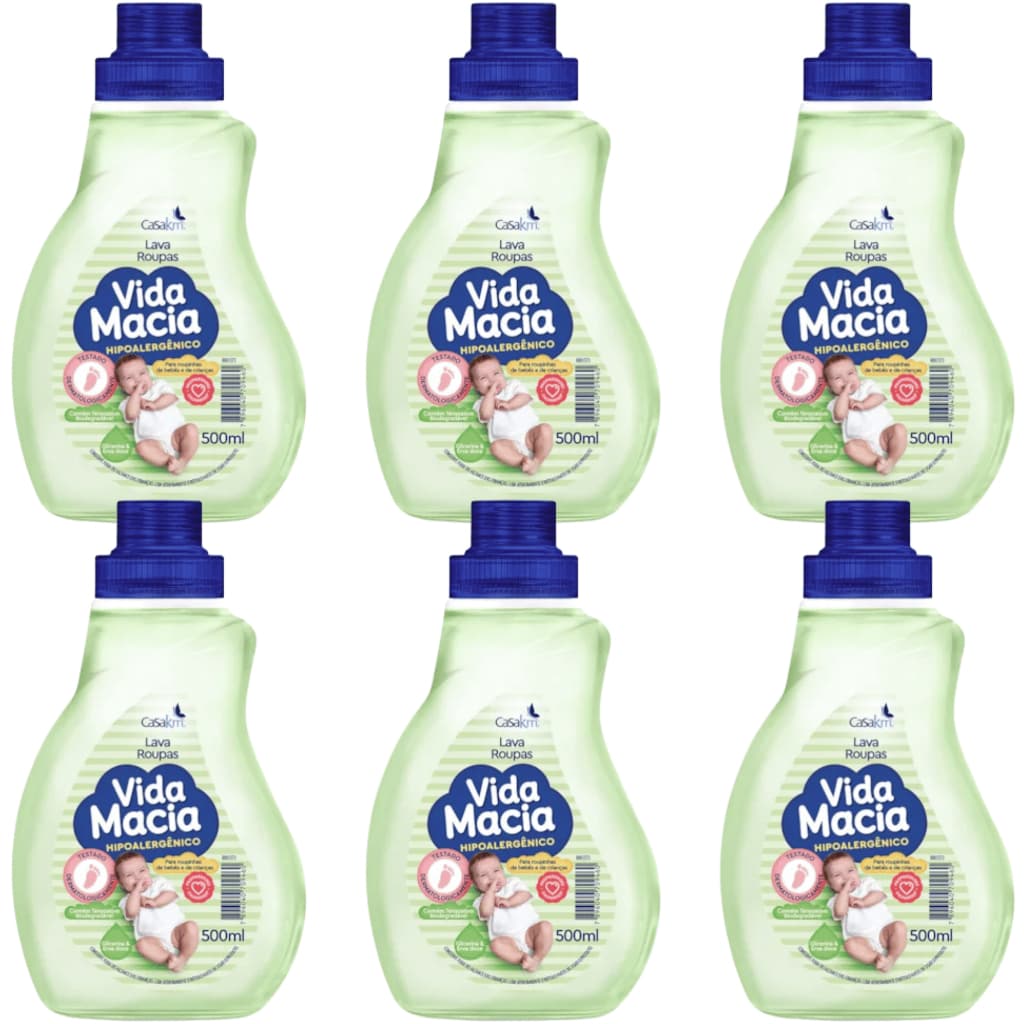 KIT 06 UND Lava Roupas Vida Macia 500ML Glicerina & Erva Doce Hipoalergênico Sabão Líquido Roupinhas