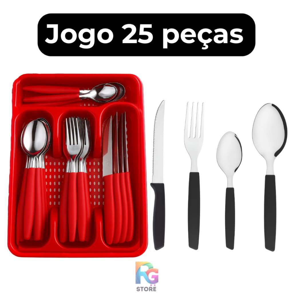 Jogo de Talheres 25 Peças Aço Inox Com Porta Talheres Cozinha