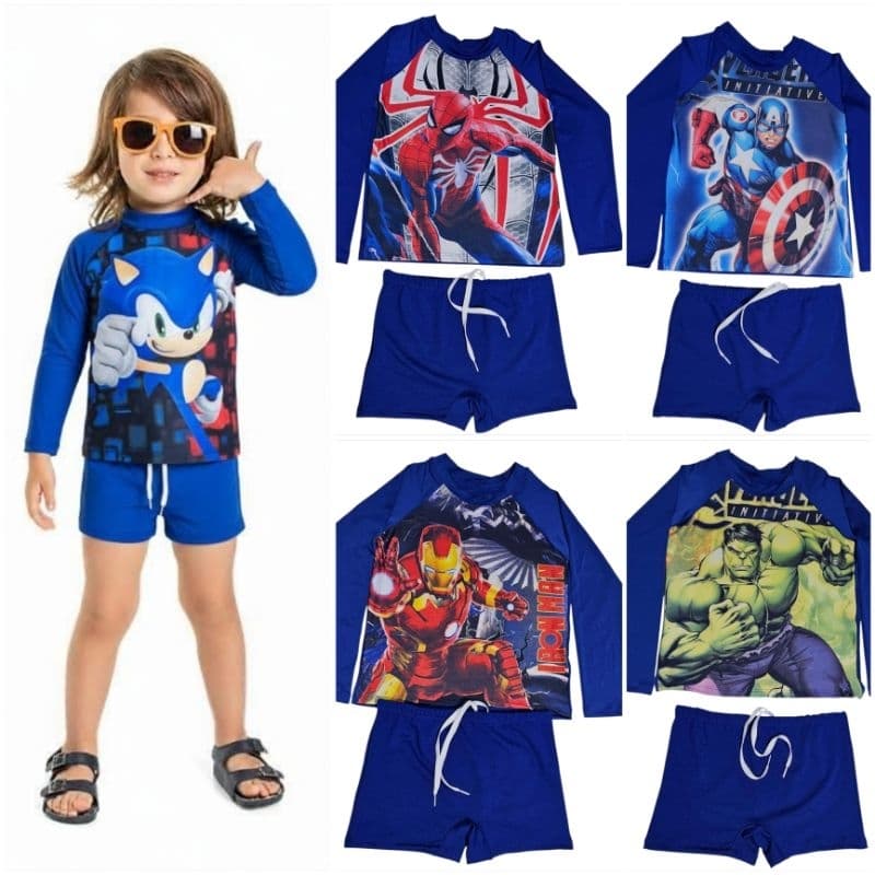 Camisa de proteção Solar + Sunga Box liso infantil menino personagem praia