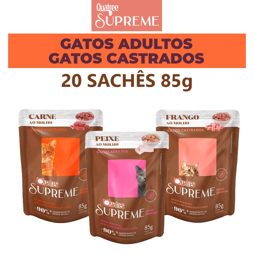 Sache Quatree Supreme Ração úmida para Gatos Adultos e Castrados Caixa com 20un de 85g