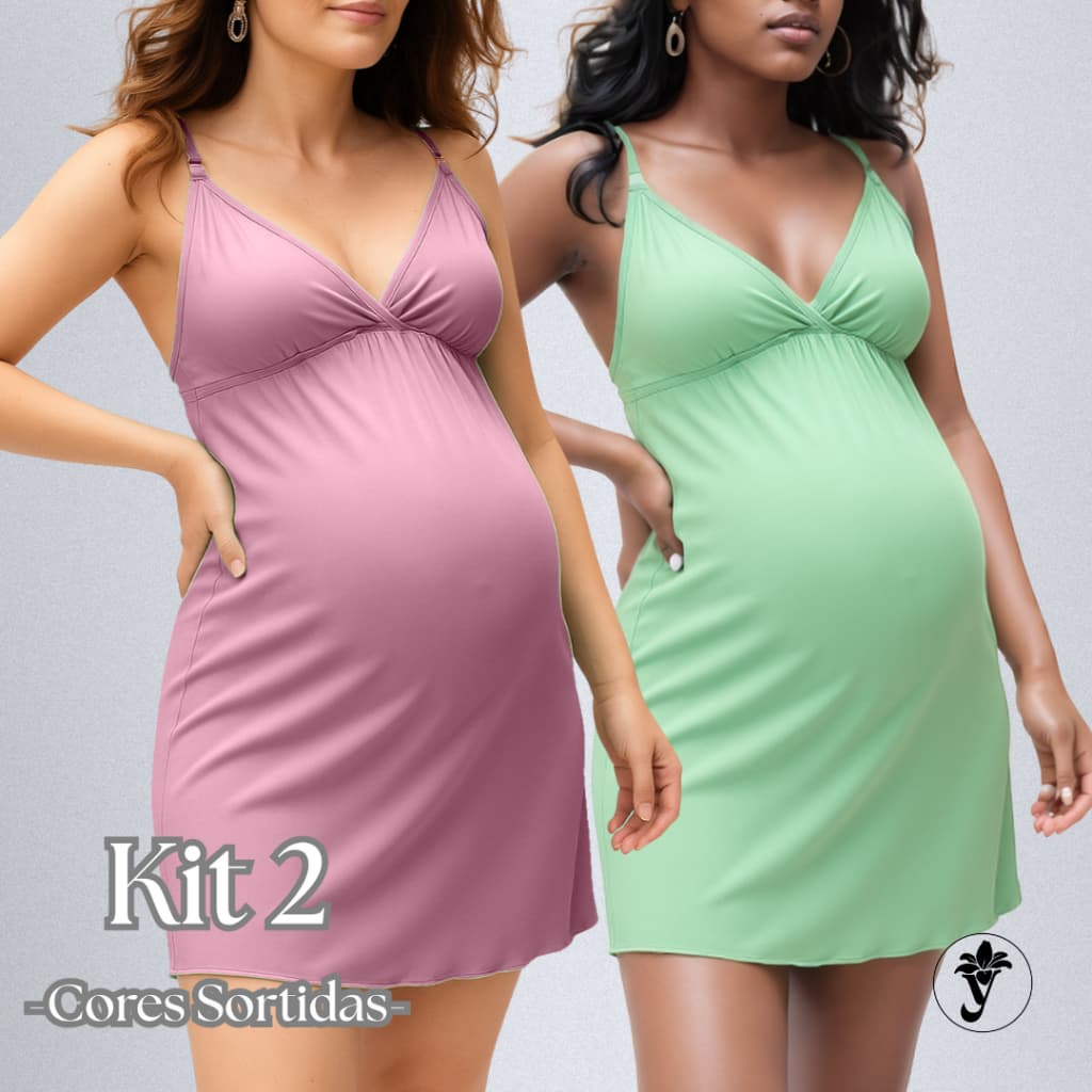 Kit 2 Camisolas Gestante Amamentação Abertura com Clique no Bojo Conforto Linha Noite Pijama