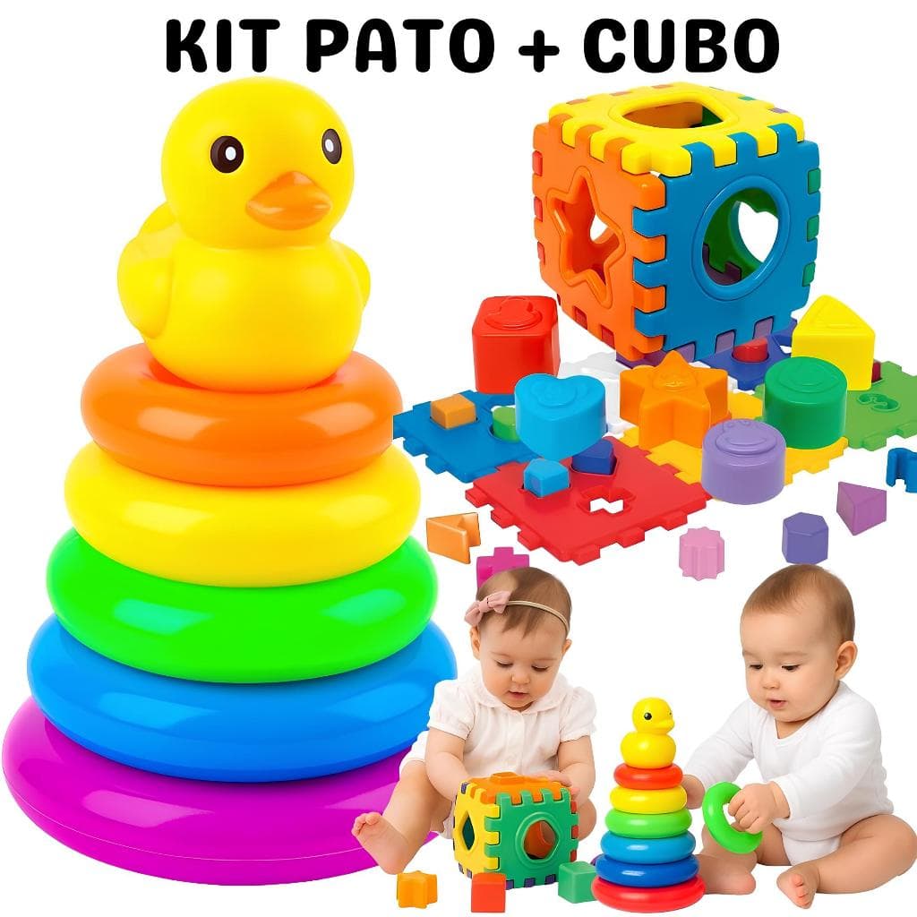 Brinquedo Infantil Pato De Argolas + Cubo Didatico Empilhar Criança Presente 1 Ano Menino e Menina