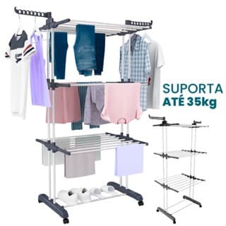 Varal de Chão Grande Portátil 3 Andares com Rodinhas Dobrável Retrátil Reforçado com Abas Laterais