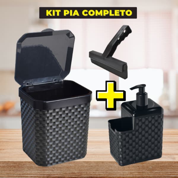Kit Cozinha 3 Peças Lixeira Pia 5 Litros + Porta Detergente Sabão + Rodinho de Pia
