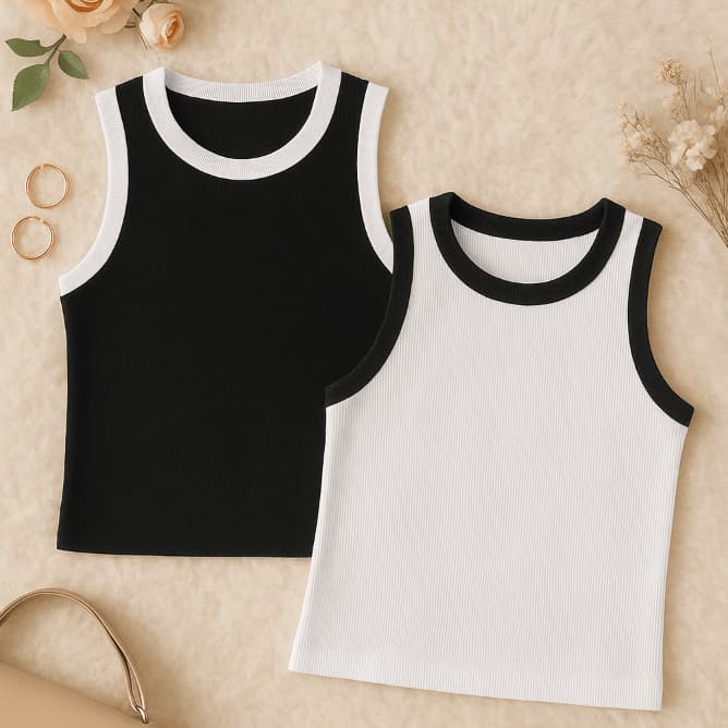 Kit 2 Regata Feminina Canelada Bicolor Americana Cavada Básica Blusa