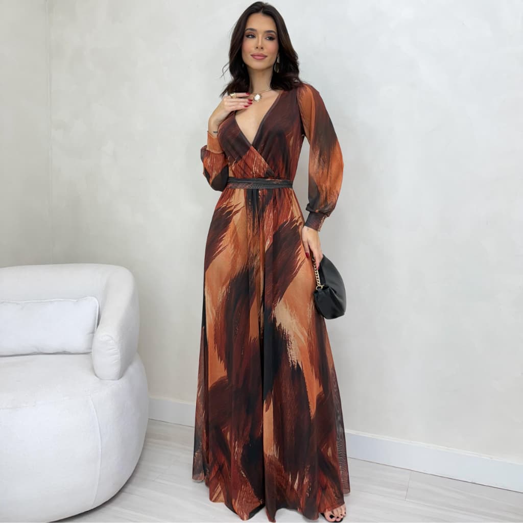 Macacão Tule Festa Longo Elegante Estampa Digital Exclusiva Luxo Oferta