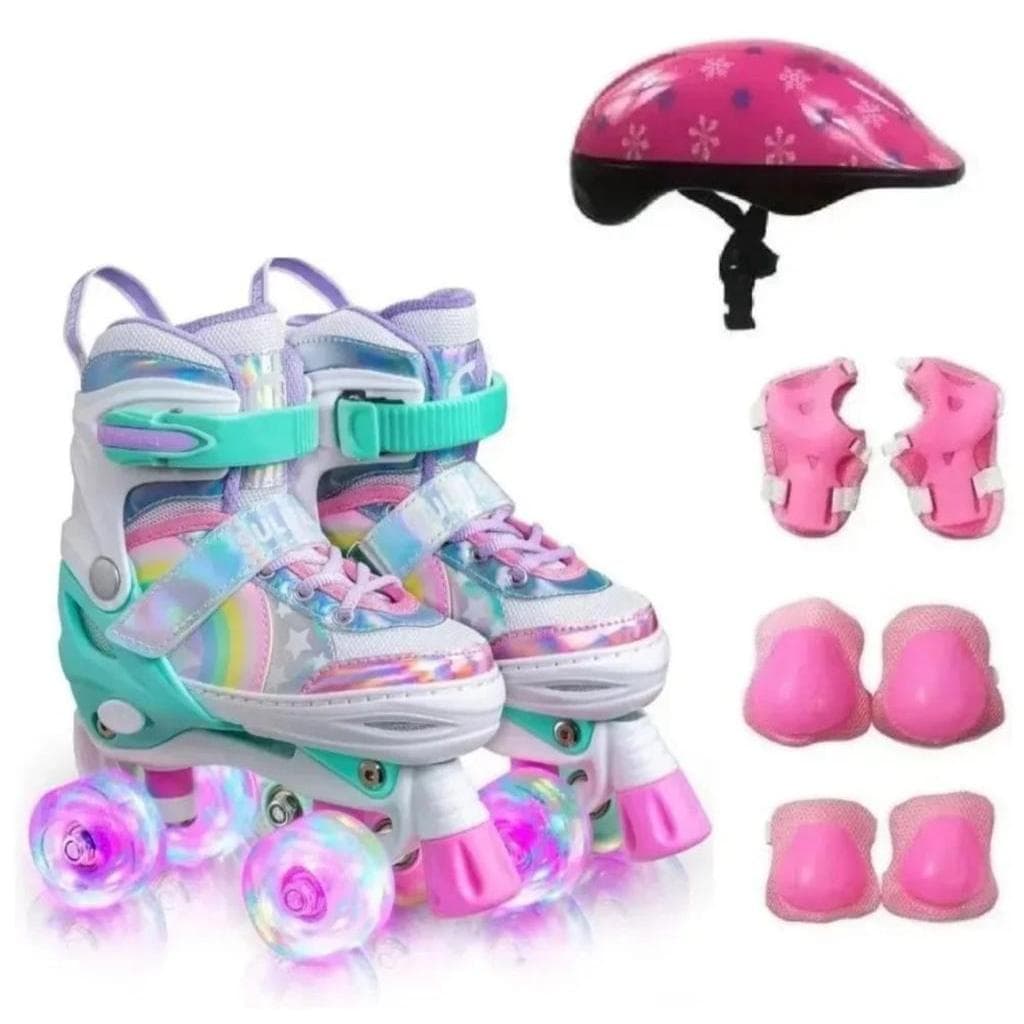 Patins Infantil Arco Íris Rosa/Verde 4 Rodas Regulável com luz de LED Com e Sem Kit de Segurança