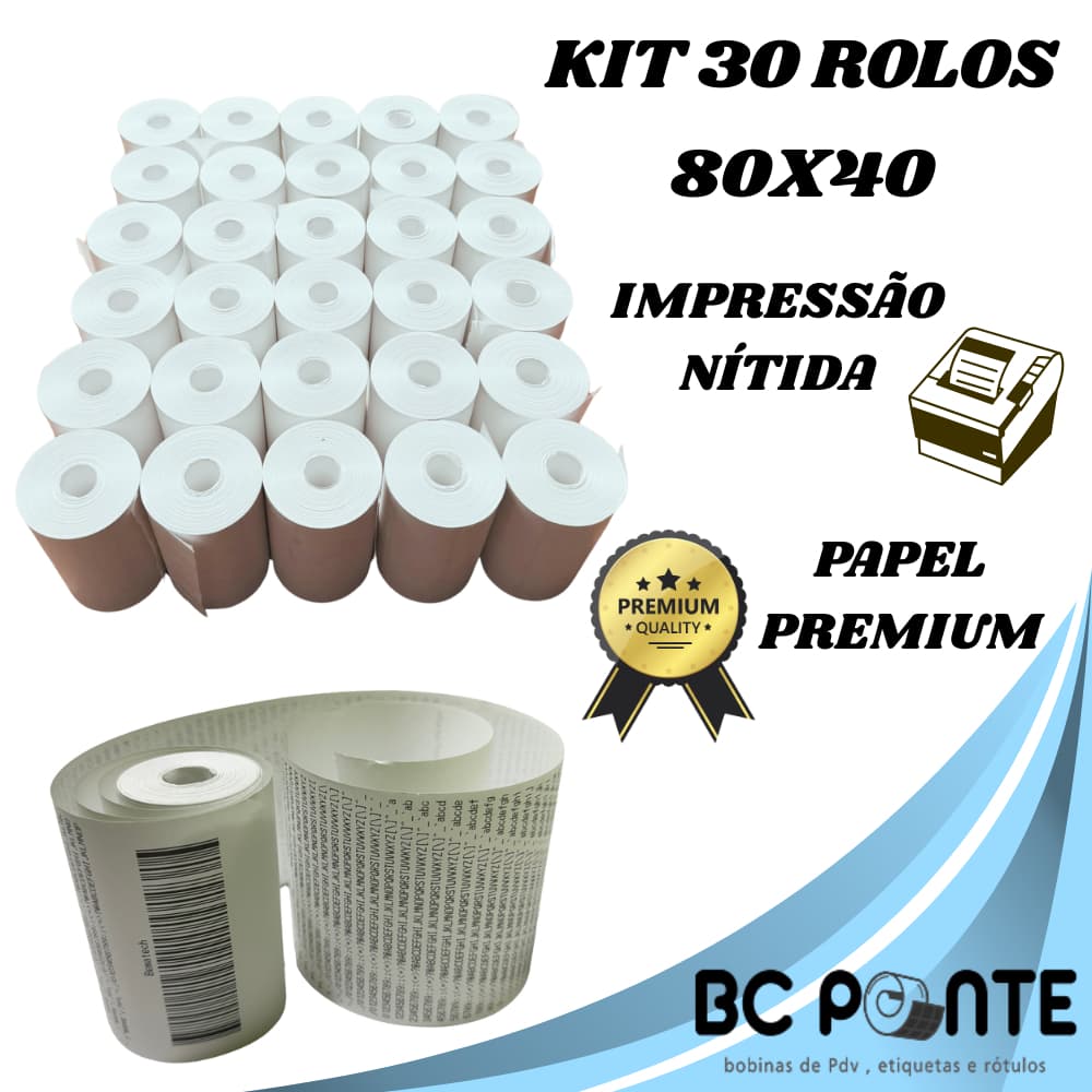 Bobina Térmica de 40 metros 80x40 Cupom Fiscal branca com 30 unidades PDV p/ impressora 80mm