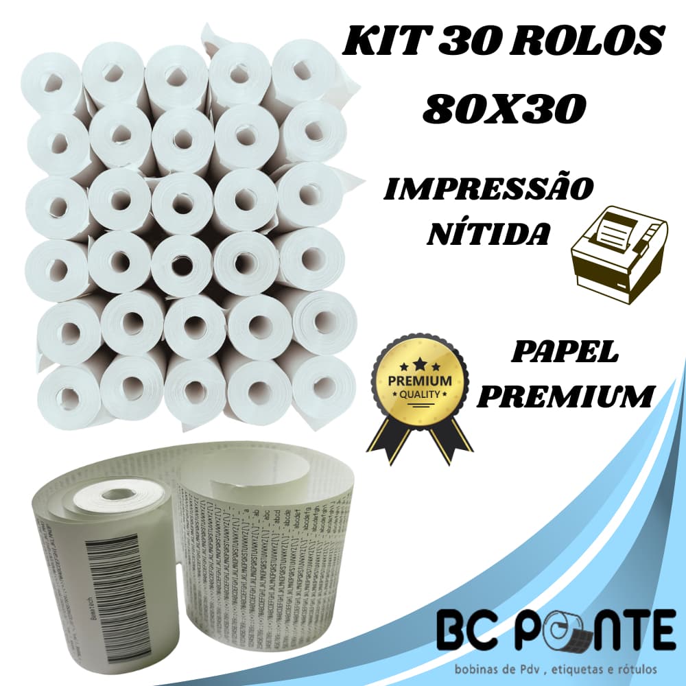 Bobina Térmica de 30 metros 80x30 Cupom Fiscal branca com 30 unidades PDV p/ impressora 80mm