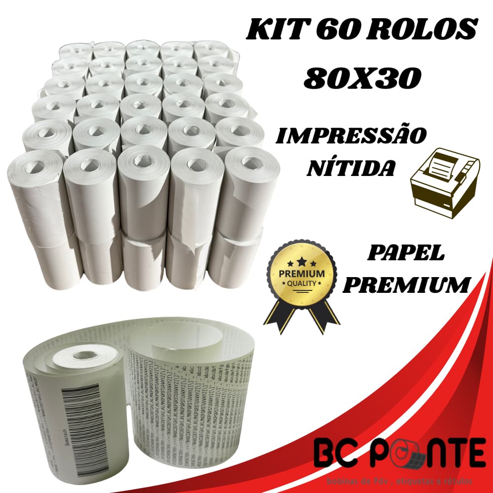 Bobina Térmica de 30 metros 80x30 Cupom Fiscal branca com 60 unidades PDV p/ impressora 80mm