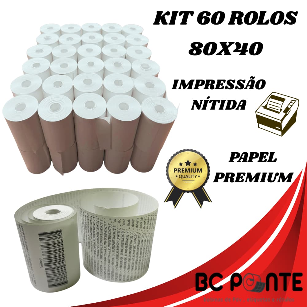 Bobina Térmica de 40 metros 80x40 Cupom Fiscal branca com 60 unidades PDV p/ impressora 80mm