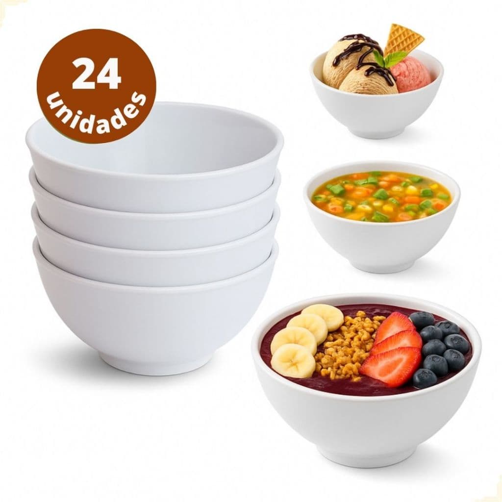 Kit 24 Pote Cumbuca Tigela Melamina 400ml Caldo Sopa Açaí Sorvete Sobremesa Redonda