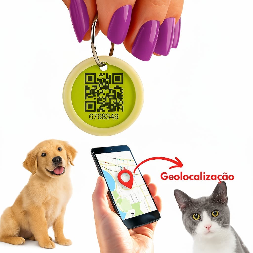 QR Code para Cachorro Gato Medalha Pingente Tag Pet com Geolocalização