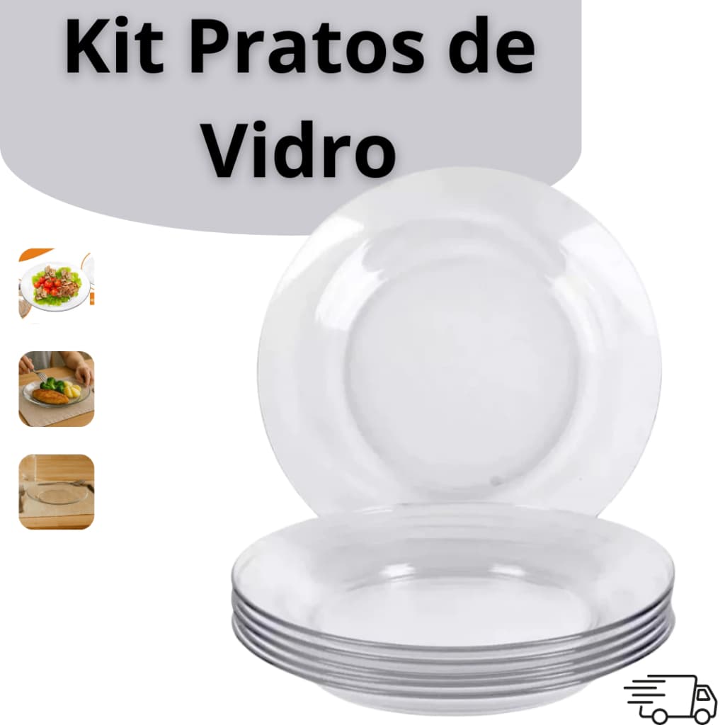 Jogo De Prato Fundo De Vidro Resistente Kit 12 Prato Almoço Jantar Mesa Restaurantes Bar