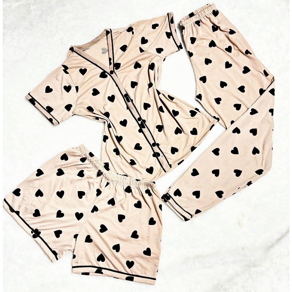 Kit Pijama Feminino 3 Peças Americano  Camisa Botões + Calça + Short Conforto Malha Amamentação