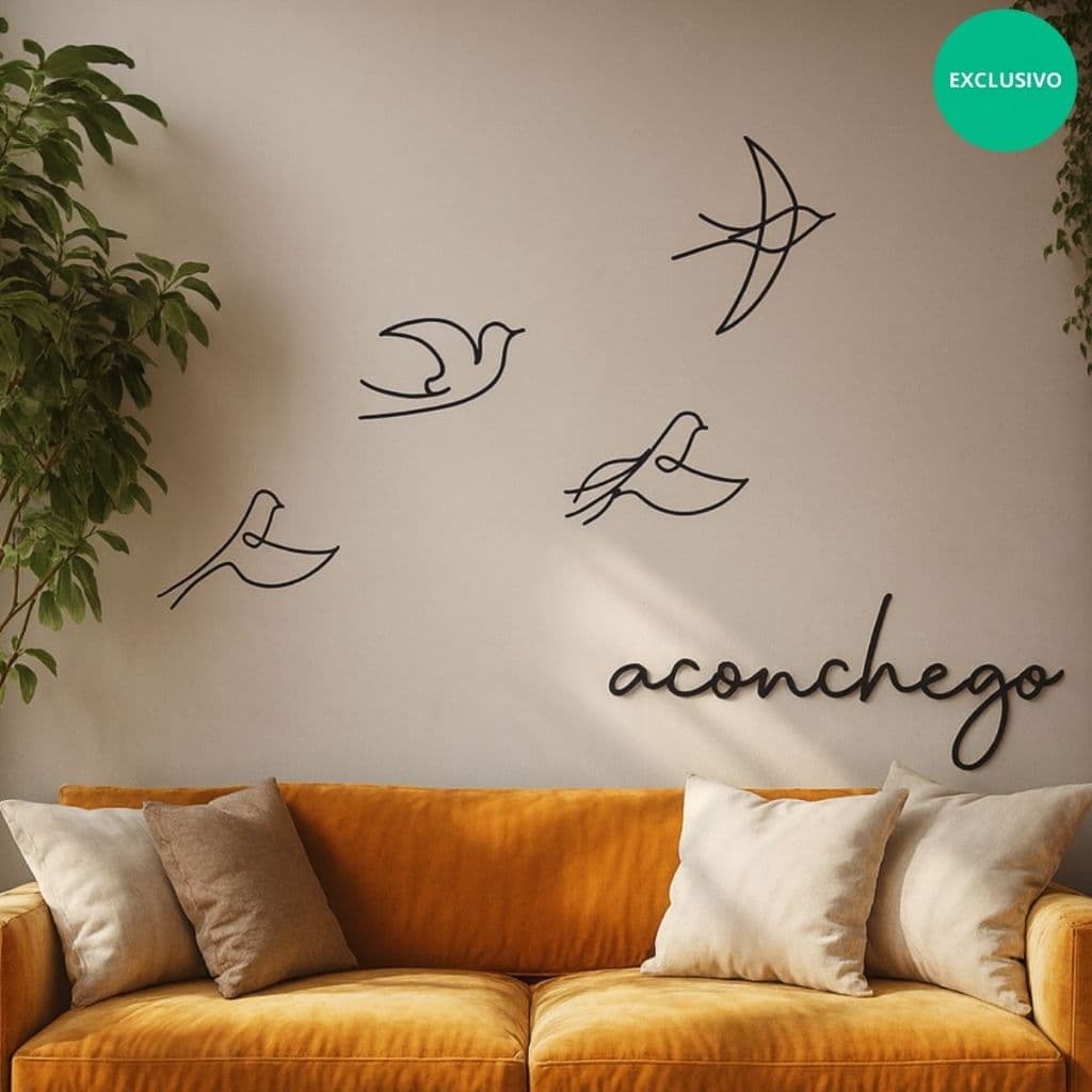 Kit 4 Esculturas Pássaros Minimalistas Voando  Mdf + Palavra de parede aconchego