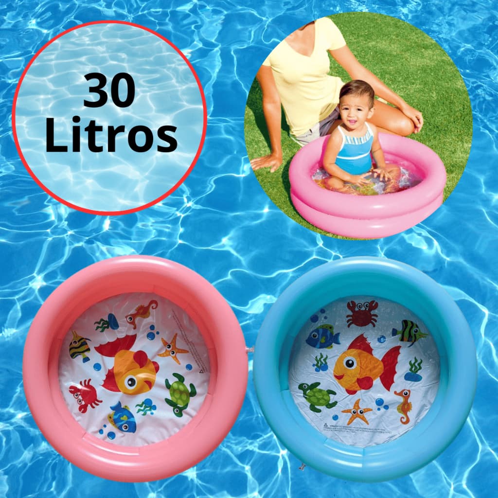Piscina Infantil Bebê Criança 2 Anéis 30L Inflável Verão Praia Para Bolinhas e Água Rosa ou Azul
