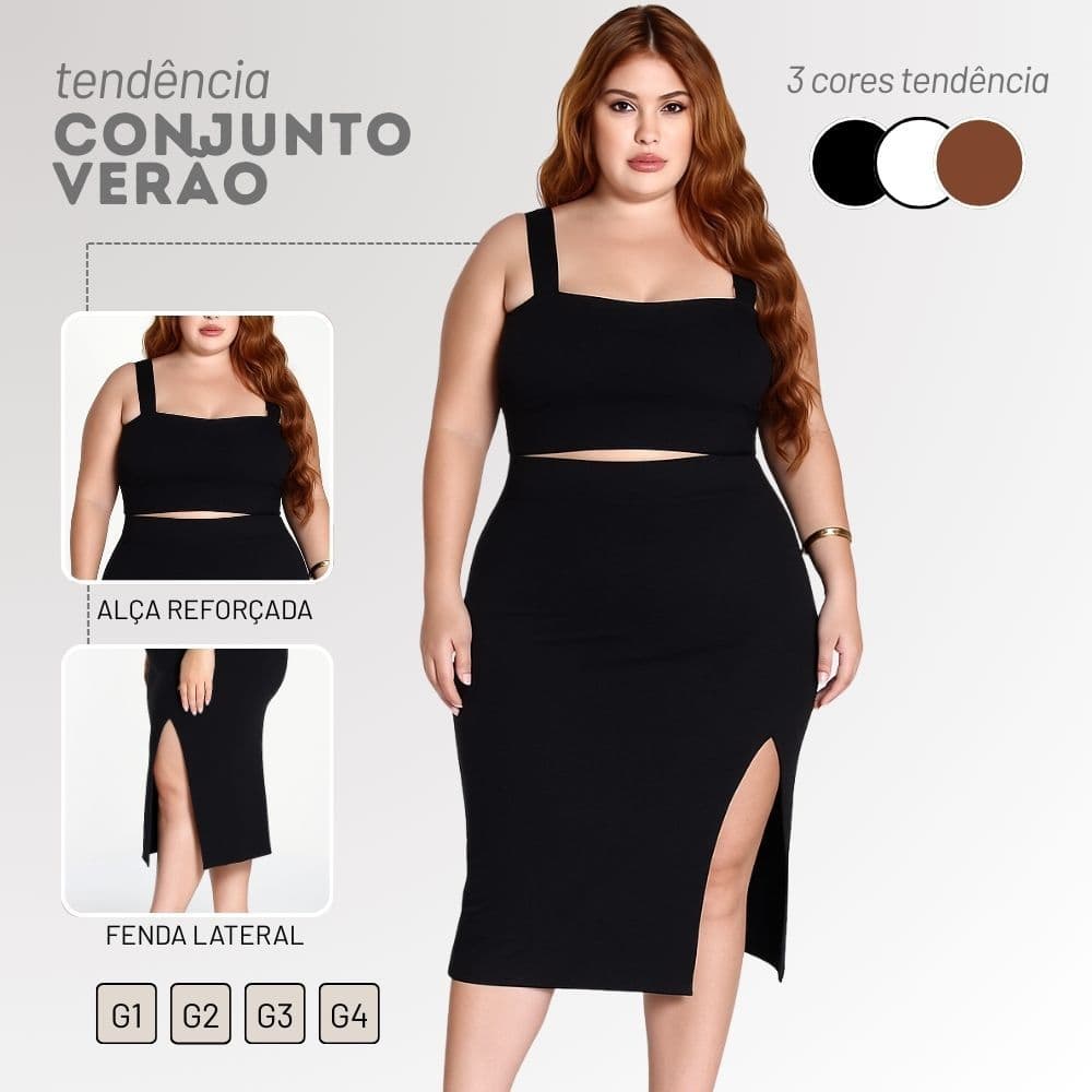 Conjunto Plus Size Feminino Preto Top Saia Midi Fenda Festa Balada Praia Verão