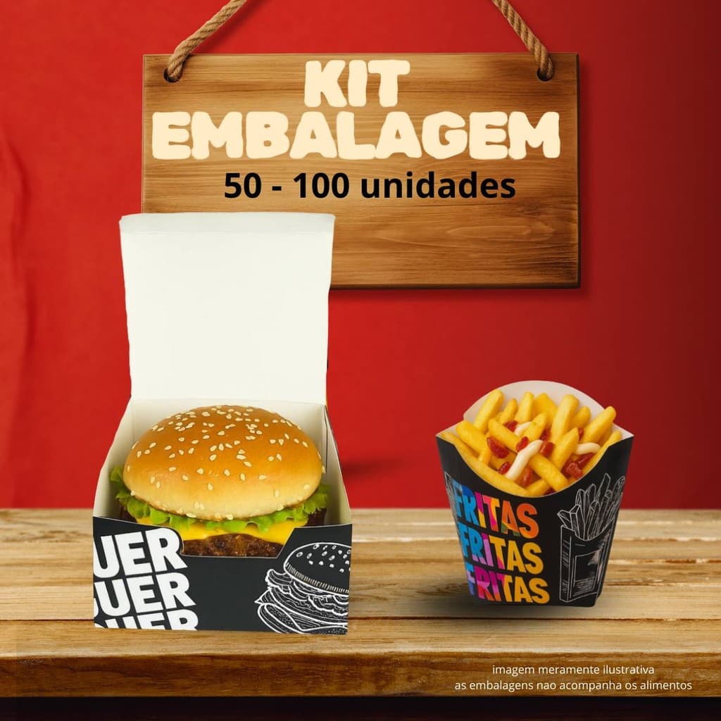 Kit Embalagem para Hamburguer + Batata Frita Combo 50 ou 100 Unidades Delivery Caixa Porçoes
