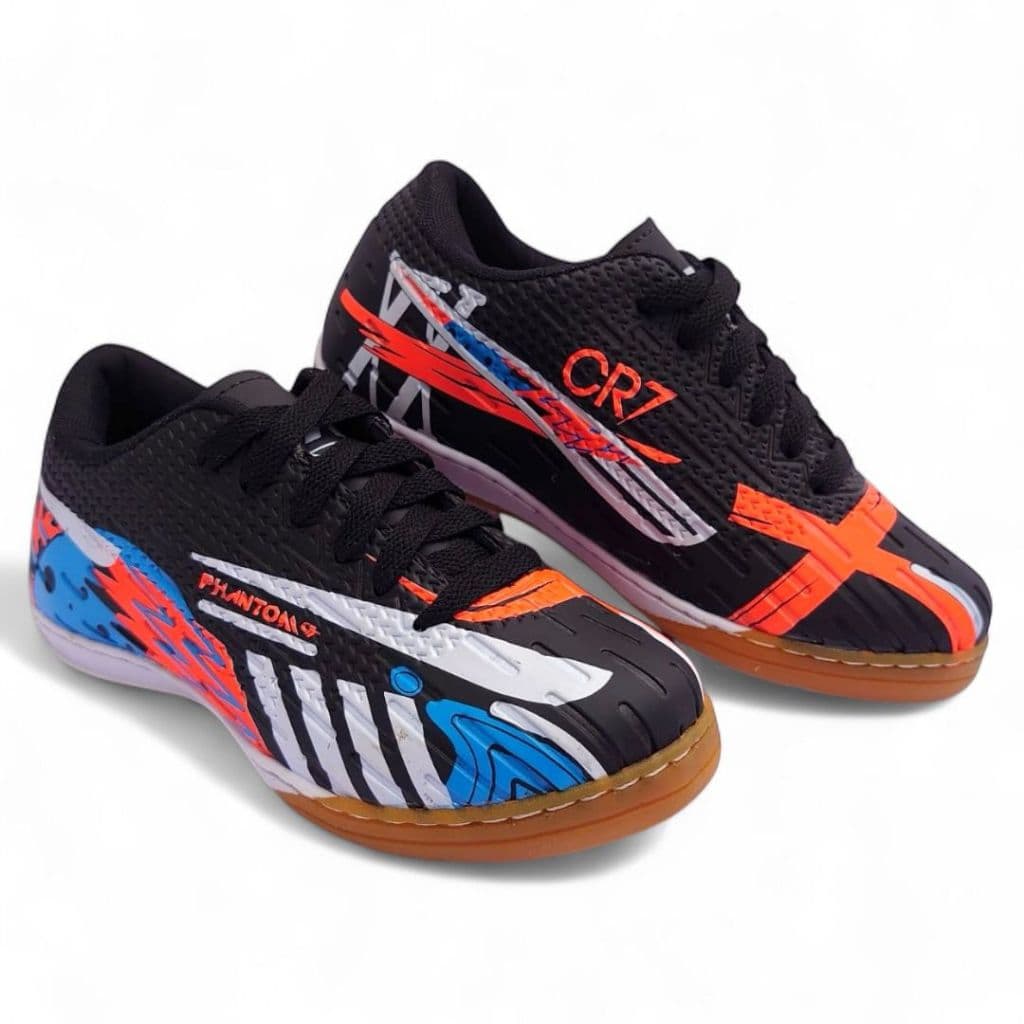 Chuteira Futsal Tênis Infantil Cr7 Menino Masculino 26 ao 33 Preto Sola Costurada