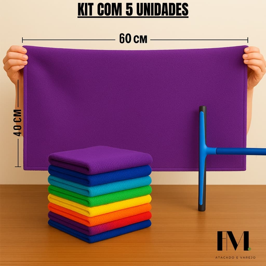 Kit 5 Pano de Chão Microfibra Macio 40x60cm Toalha de Limpeza Grande Residencial