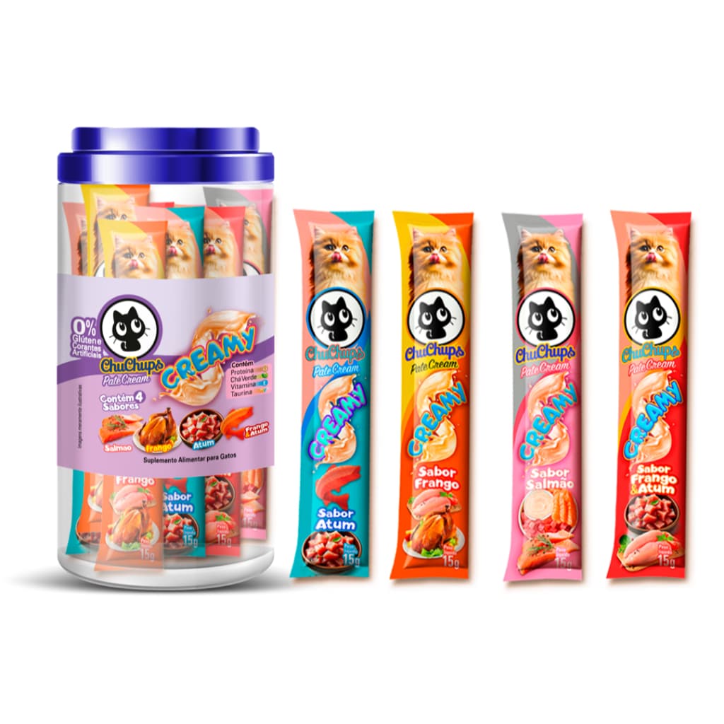 Petisco Para Gatos ChuChups Cream Pote Sortido com 24 Tubos de 15g Lançamento Tipo Churu e Truly