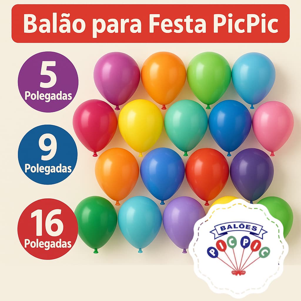 Balão Redondo 5, 9 e 16 Polegadas  - Pic Pic – Bexiga Coloridos Premium Decorativos para Festa