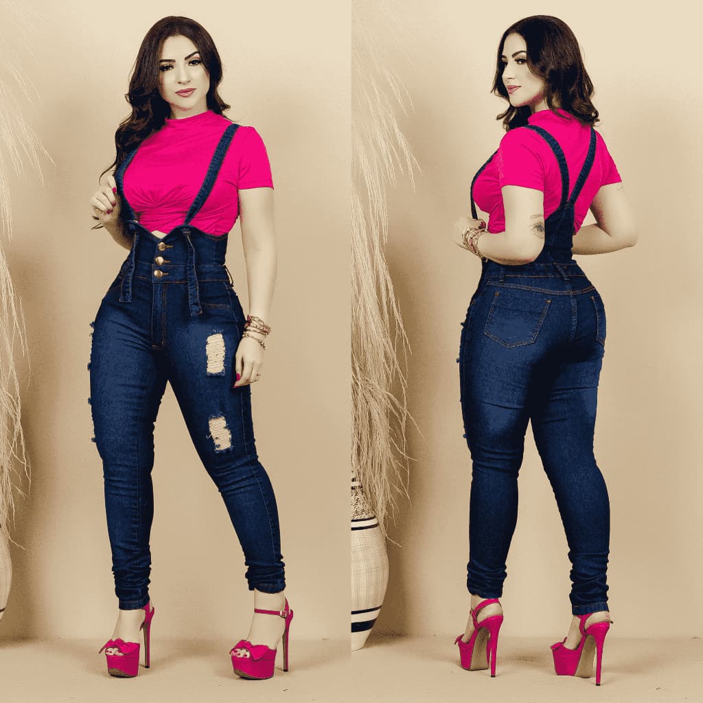 Jardineira Macaquinho Feminino Cintura Alta Escura Jeans Moda Feminina