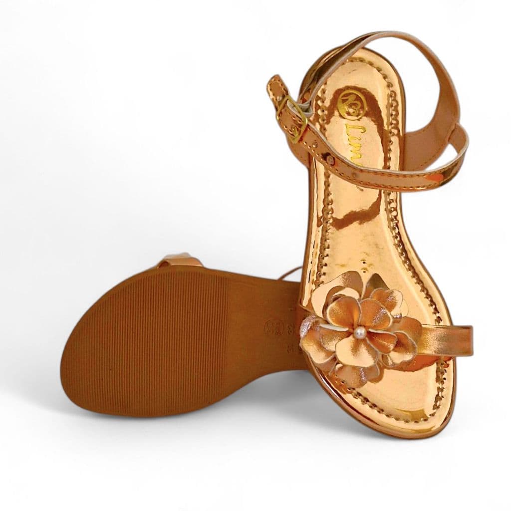 Sandália Rasteira Flat Feminina Infantil meninas Traseiro Fivela toda Delicada com Flor Elegante
