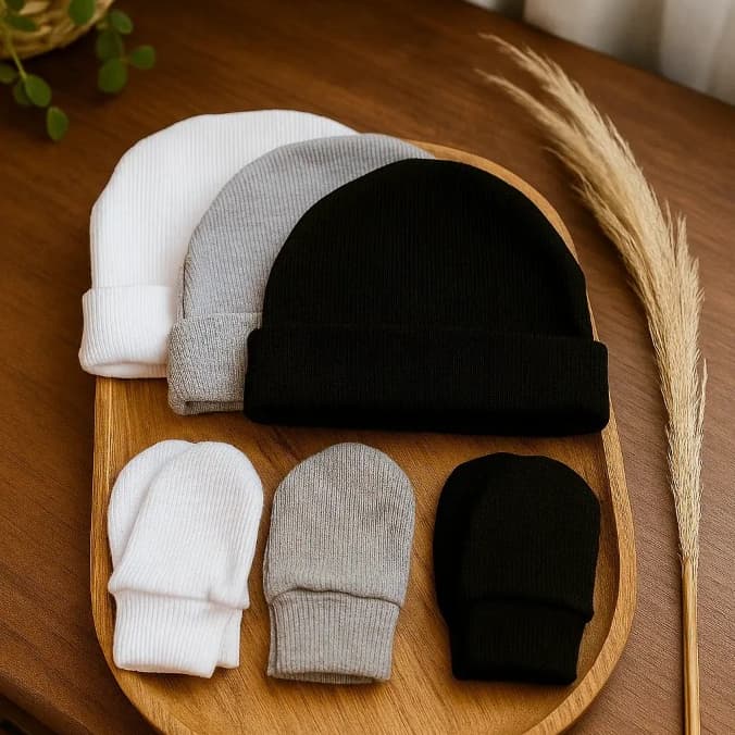 Kit 3 Touca de Bebê RN 3 Toucas + 3 Pares Luva RecémNascido Maternidade Enxoval Baby Algodão Premium