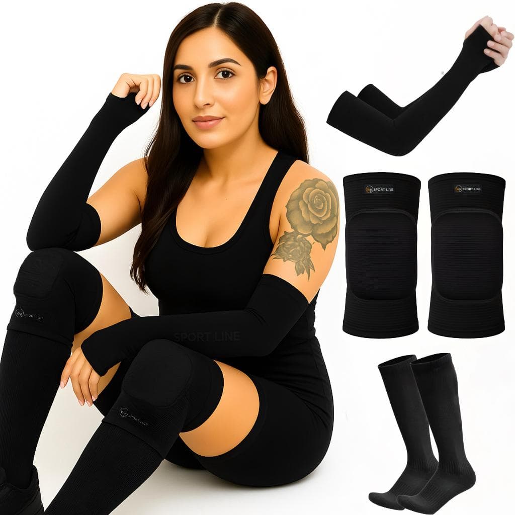 Kit Vôlei Joelheira Clássica Meião Manguito Original 01 Par De Cada