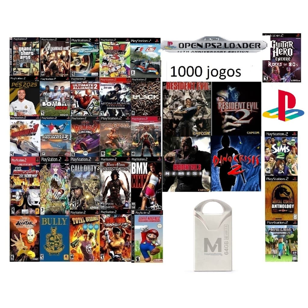 Pen Drive 64gb com 1000 Jogos Playstation 1 Ps2 Super Nintendo Para OPL/Ps2