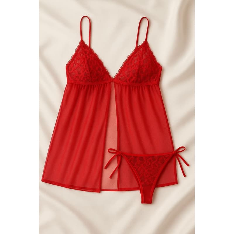 Camisola tule + calcinha de amarrar transparência renda