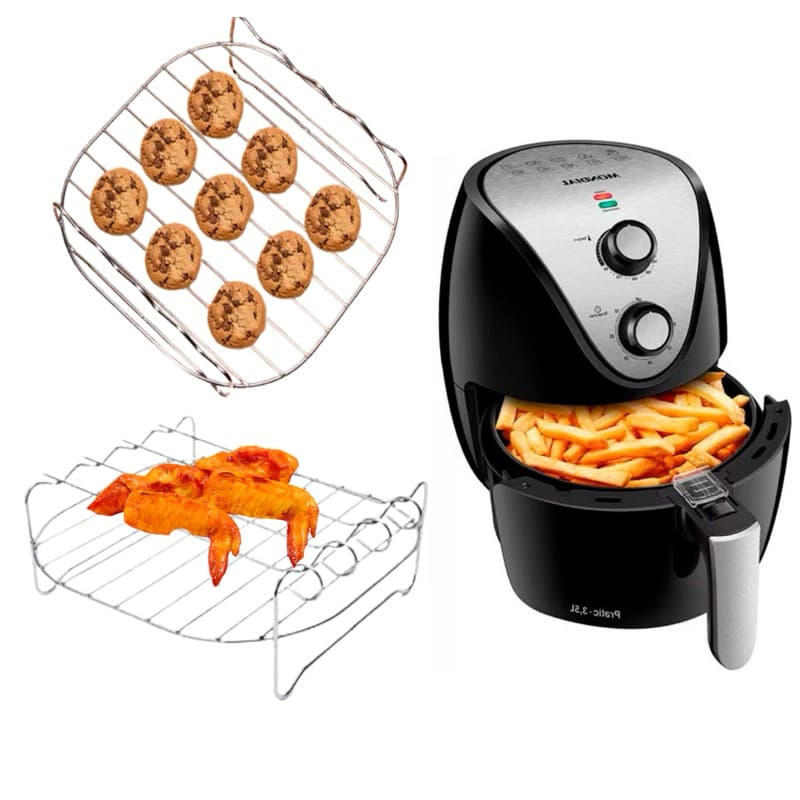Grelha Inox Cesto Air Fryer Fritadeira Universal + Espetos Churrasco Kebab Assar