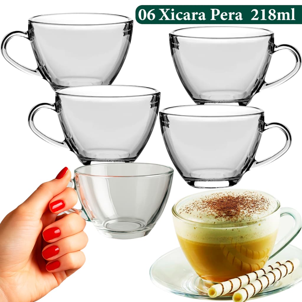 Jogo de Xícaras em Vidro Formato Pêra 218ml  Kit com 6 Peças para Chá e Café Elegante