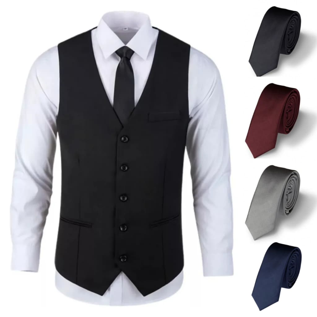 Kit Colete Social Slim P/ Ternos e Eventos + Gravata Masculina - Várias Cores