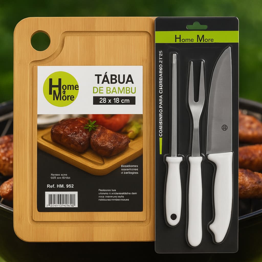 Kit 4 Peças Tabua Faca Chaira Garfo Inox Churrasco Cozinhar Churrasqueiro